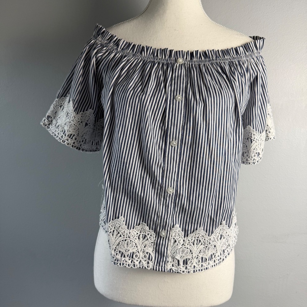 Miss Lili Womens Blue White Striped Off Shoulder Lace Trim Blouse Top Small